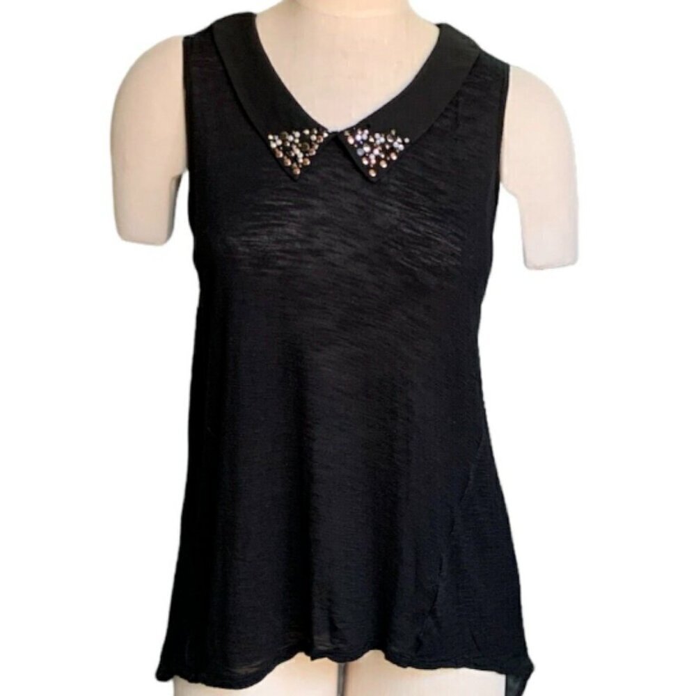 American Rag Cie Sz M Bead Stud & Rhinestone Collar Split Back Hi-Low Top 16i